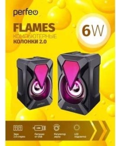 Колонки Perfeo"FLAMES", 2.0, мощность 2х3 Вт, USB, цвет чёрный, Game Design, LED подсветка 7 цв