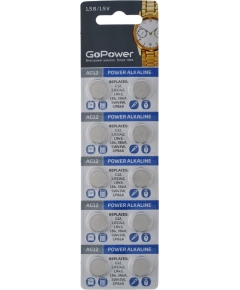 Батарейка GoPower G12/LR1142/LR43/386A/186 BL10 Alkaline 1.55V (10/100/3600)