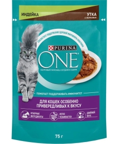 Влажный корм Purina ONE® для кошек особенно привередливых к вкусу, индейка и утка с морковью, 75г