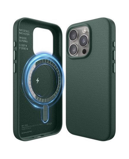 Чехол Elago iPhone 15 Pro Max PU Leather Midnight Green magsafe