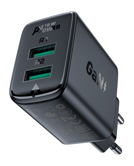 СЗУ ACEFAST A33 QC18W USB-A+USB-A dual port charger (EU). Цвет: черный