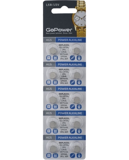 Батарейка GoPower G5/LR754/LR48/393A/193 BL10 Alkaline 1.55V (10/100/3600)