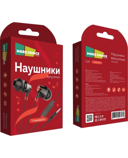 Наушники вакуумные AUX разъём с МК без рег.громкости длина 1.1м More Choice G26 (Red)