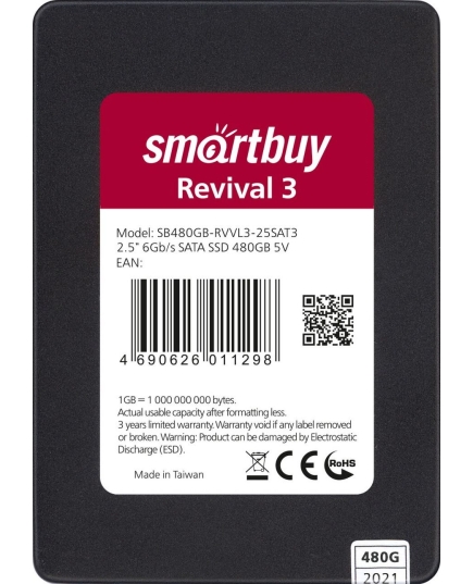 Внутренний SSD Smart Buy 480GB Revival 3, SATA-III, R/W - 550/480 MB/s, 2.5", Phison PS3111-S11T, TLC 3D NAND