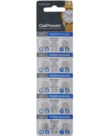 Батарейка GoPower G7/LR926/LR57/395A/195 BL10 Alkaline 1.55V (10/1000/3600)