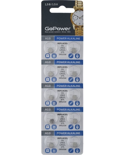 Батарейка GoPower G0/LR521/LR63/LR50/379A/179 BL10 Alkaline 1.55V (10/100/3600)