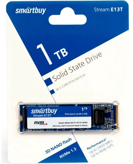 Внутренний SSD Smart Buy 1TB Stream E13T, PCIe Gen3 x4, R/W - 1850/2450 MB/s, (M.2), 2280, Phison PS5013-E13T