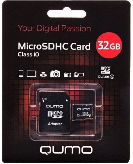 Карта флэш-памяти MicroSD 32 Гб Qumo +SD адаптер (class 10)