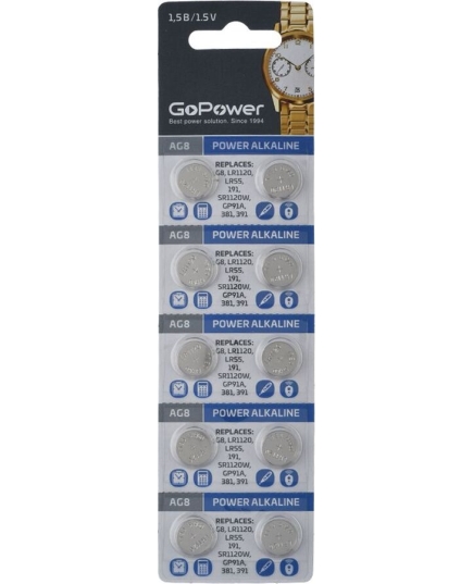 Батарейка GoPower G8/LR1120/LR55/391A/191 BL10 Alkaline 1.55V (10/1000/3600)