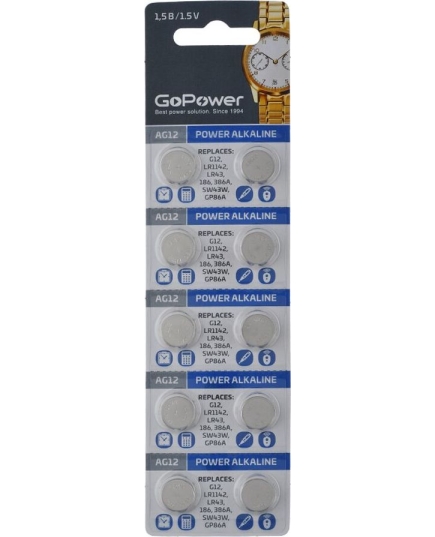 Батарейка GoPower G12/LR1142/LR43/386A/186 BL10 Alkaline 1.55V (10/100/3600)