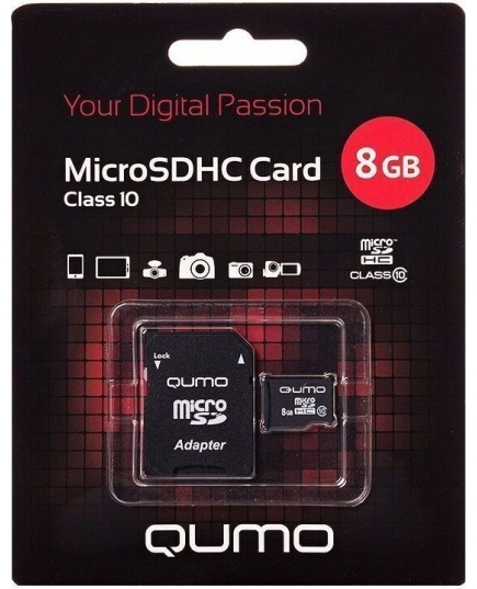 Карта флэш-памяти MicroSD 8 Гб Qumo +SD адаптер (class 10)