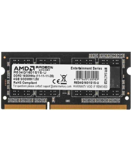 ОЗУ AMD Radeon R5 Entertainment Series Black R534G1601S1S-U 4GB DDR3 1600 SO DIMM Non-ECC, CL11, 1.5V, Retail