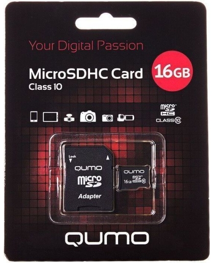 Карта флэш-памяти MicroSD 16 Гб Qumo +SD адаптер (class 10)