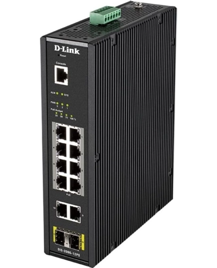 Коммутатор D-LINK DIS-200G-12PS/A2A промышленный управляемый L2 с 10 портами 10/100/1000Base-T и 2 портами 1000Base-X SFP (8 портов PoE 802