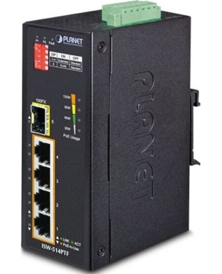 Коммутатор PLANET ISW-514PTF IP30 4-Port/TP + 1-Port Fiber(SFP)