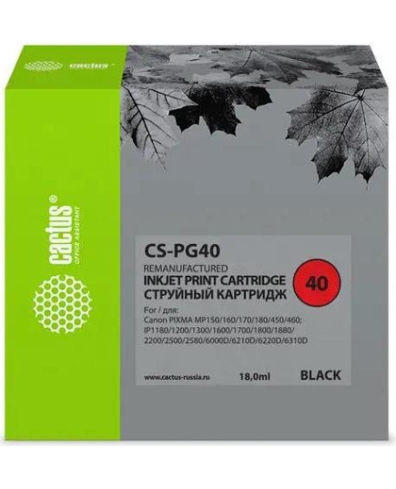 Картридж Cactus PG-40 (CS-PG40) струйный черный (18мл) для Canon Pixma MP150/MP160/MP170/MP180/MP210/MP220/MP450/MP460/MP470/iP1200/iP1300/iP1600/iP