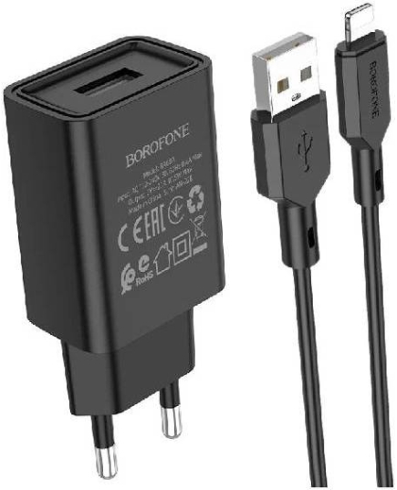 СЗУ Borofone BA68A 1USB 2.1A для Lightning 8-pin 1м (Black)