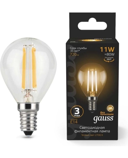 Лампа светодиодная Gauss Filament 105801111 11Вт цок.E14 шар 220B 2700K св.свечения белый теплый уп/10шт