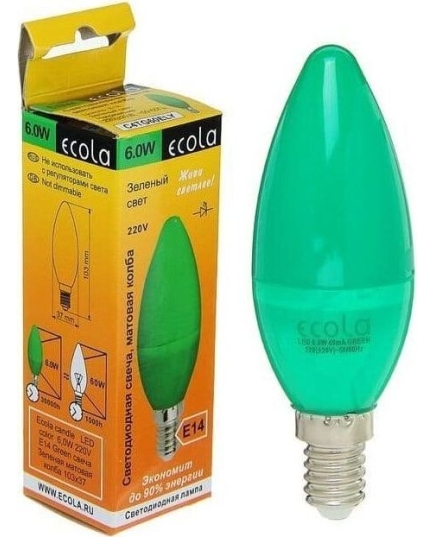 Лампа светодиодная ECOLA candle color 6,0W 220V E14 Green свеча Зеленая матовая колба 103x37(1/10/100)