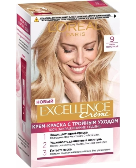 Стойкая крем-краска для волос LOreal Paris Excellence, оттенок 9 Очень светло-русый (3600523781195)