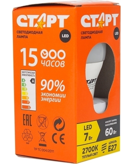 Лампа СТАРТ LED Шар Теплый Свет 2700 7Вт Е27