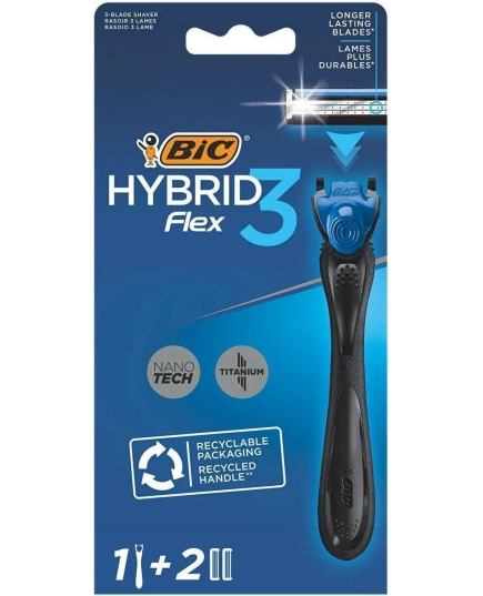 Бритва мужская BIC Flex 3 Hybrid, 3 лезвия плавающая головка, 1 ручка, 2 сменные кассеты