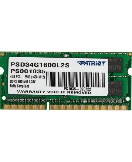 Оперативная память SO-DIMM DDR3 4Гб Patriot Signature (PSD34G1600L2S)