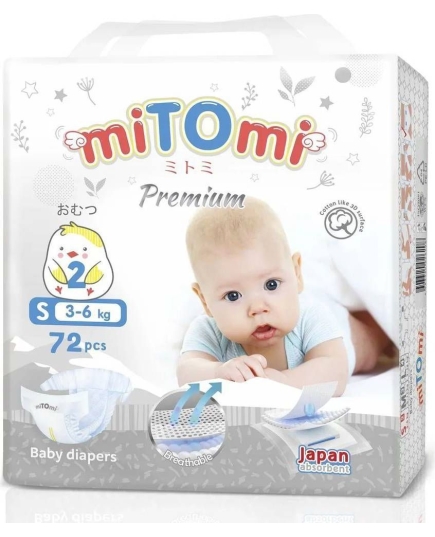 miTOmi Подгузники на липучках Premium, 2///S (3-6 кг), 72шт