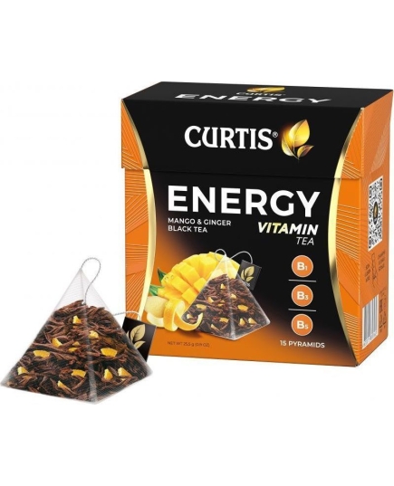 Чай черный CURTIS "Energy" с ароматом манго кусочками имбиря и витаминами В1 В3 В5 фруктовый ароматизированный 15 пирамидок